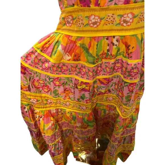 FARM Rio Yellow Pink Floral Tiered Midi Dress - Picture 9 of 12